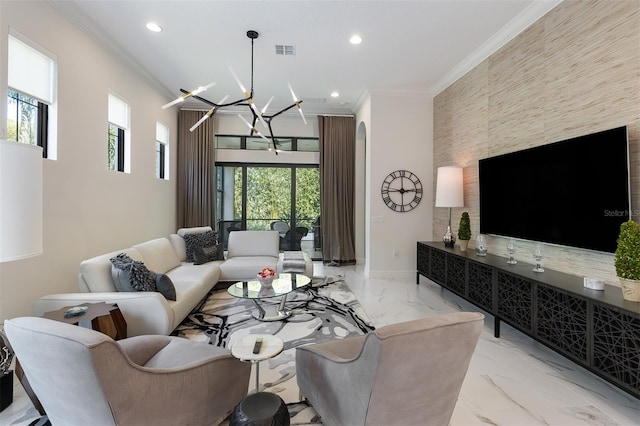 8113 Via Vittoria Way, Orlando, FL 32819 - living area with marble tiled flooring, an accent wall, ornamental molding, recessed lighting, and a chandelier