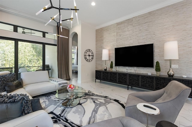 8113 Via Vittoria Way, Orlando, FL 32819 - living area with marble tiled floors, arched walkways, ornamental molding, baseboards, and recessed lighting