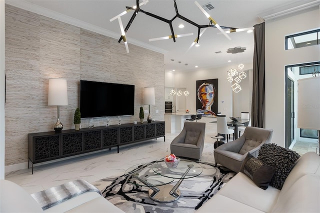 8113 Via Vittoria Way, Orlando, FL 32819 - living area featuring crown molding, marble finish flooring, recessed lighting, and baseboards