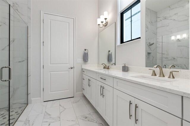 8113 Via Vittoria Way, Orlando, FL 32819 - bathroom featuring marble look tiles, a marble finish shower, double vanity, and baseboards