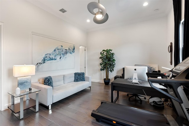 8113 Via Vittoria Way, Orlando, FL 32819 - office area with ornamental molding, wood finished floors, baseboards, and recessed lighting