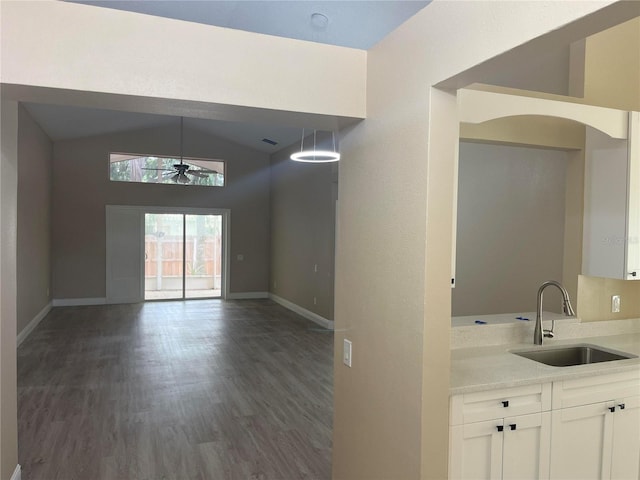 12421 Early Run Ln, Riverview, FL 33578 - kitchen featuring a sink, ceiling fan, baseboards, dark wood-style flooring, and light countertops