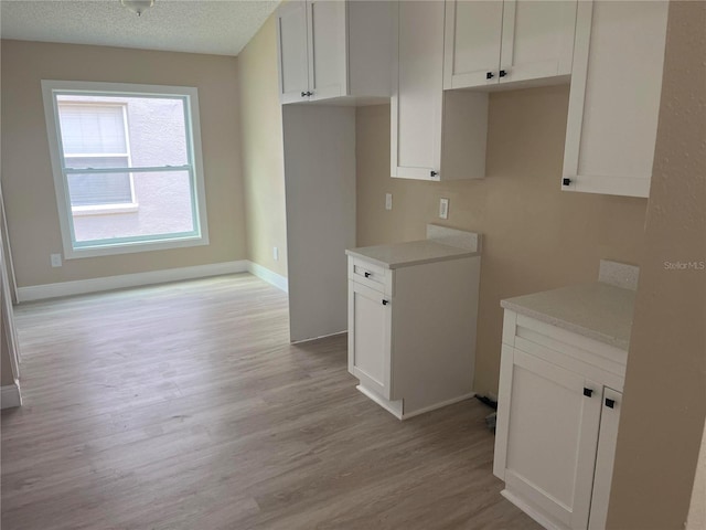 12421 Early Run Ln, Riverview, FL 33578 - kitchen featuring light wood-style flooring, baseboards, white cabinets, light countertops, and a textured ceiling