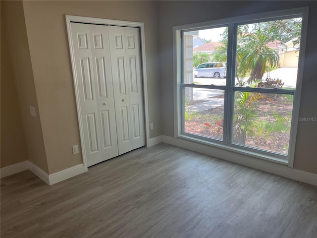 12421 Early Run Ln, Riverview, FL 33578 - unfurnished bedroom featuring baseboards, wood finished floors, and a closet