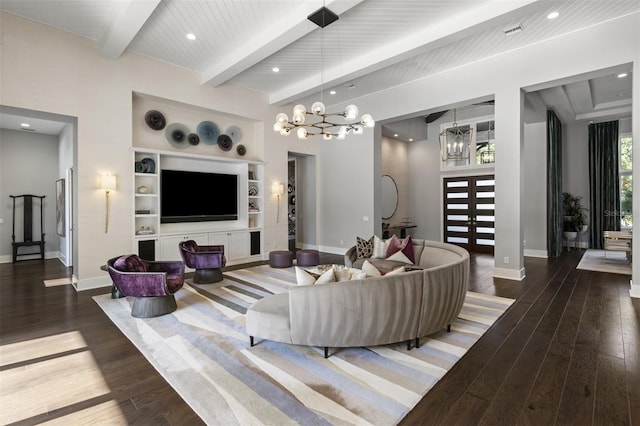 3428 Chaine Du Lac Blvd, Windermere, FL 34786 - living room featuring wood finished floors, a chandelier, beamed ceiling, built in shelves, and recessed lighting