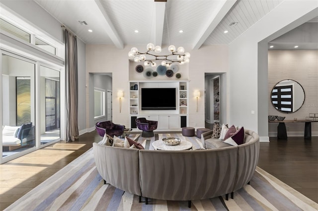 3428 Chaine Du Lac Blvd, Windermere, FL 34786 - living area featuring wood finished floors, a chandelier, beamed ceiling, recessed lighting, and built in shelves
