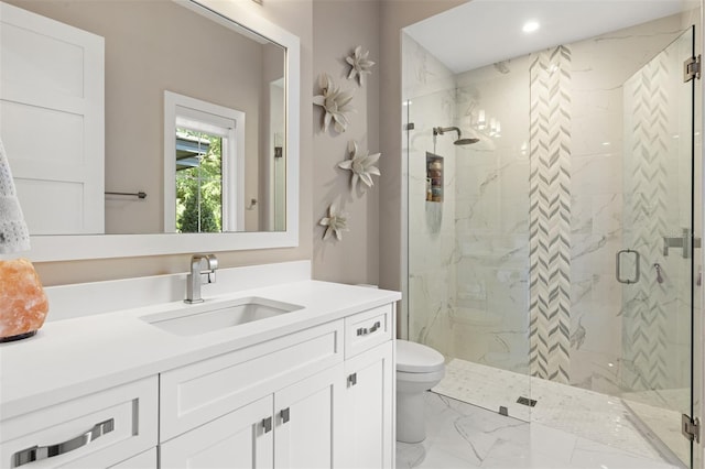 3428 Chaine Du Lac Blvd, Windermere, FL 34786 - full bathroom featuring vanity, a marble finish shower, marble finish flooring, and recessed lighting