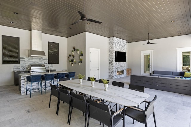 3428 Chaine Du Lac Blvd, Windermere, FL 34786 - dining room with ceiling fan, wooden ceiling, and a fireplace