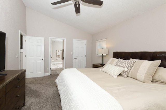 1364 Augusta National Blvd, Winter Springs, FL 32708 - bedroom featuring vaulted ceiling, carpet floors, ensuite bathroom, ceiling fan, and baseboards