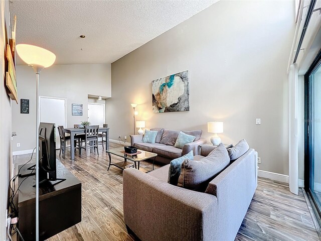 3944 Atrium Dr Unit 4, Orlando, FL 32822 - living room with light wood-style flooring, a textured ceiling, baseboards, and high vaulted ceiling