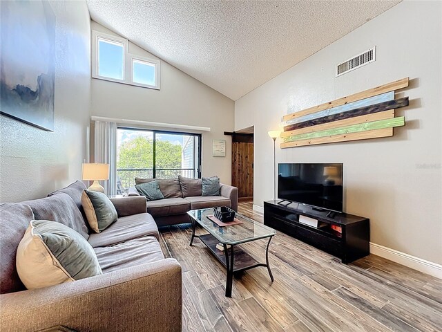 3944 Atrium Dr Unit 4, Orlando, FL 32822 - living area with wood finished floors, a textured ceiling, high vaulted ceiling, baseboards, and healthy amount of natural light