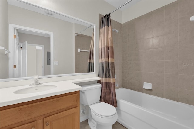 9435 Myrtle Creek Ln Unit 308, Orlando, FL 32832 - bathroom featuring electric panel, toilet, vanity, and shower / tub combo with curtain