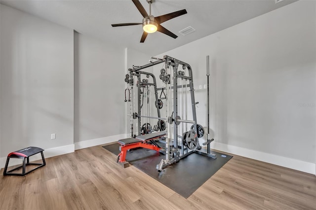 2459 Mcgregor Oaks Ln, Deland, FL 32720 - exercise area with ceiling fan, wood finished floors, and baseboards