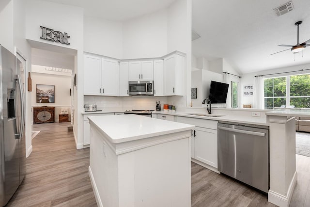 10241 Pointview Ct, Orlando, FL 32836 - kitchen with appliances with stainless steel finishes, a sink, a peninsula, lofted ceiling, and a center island