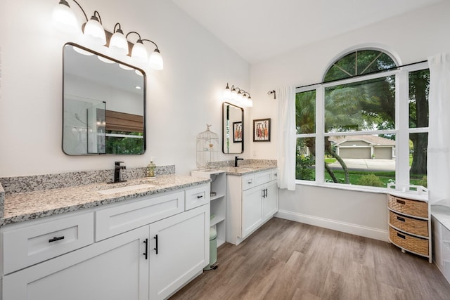 10241 Pointview Ct, Orlando, FL 32836 - full bathroom with wood finished floors, two vanities, baseboards, and a shower
