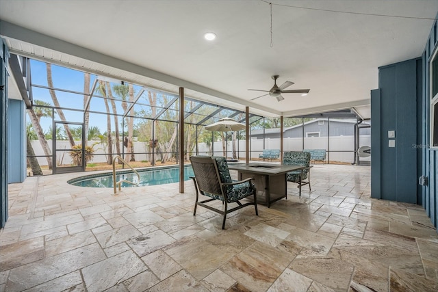 5108 Saint Albans Ave, Siesta Key, FL 34242 - view of pool featuring a patio, glass enclosure, a fenced backyard, and a ceiling fan