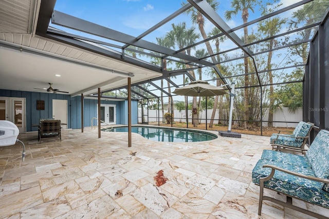 5108 Saint Albans Ave, Siesta Key, FL 34242 - view of pool with french doors, a patio area, a ceiling fan, a lanai, and a fenced backyard
