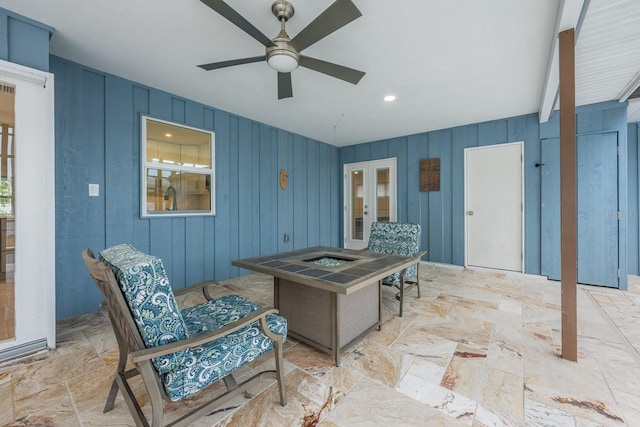 5108 Saint Albans Ave, Siesta Key, FL 34242 - office area with ceiling fan, light stone finish floors, and recessed lighting