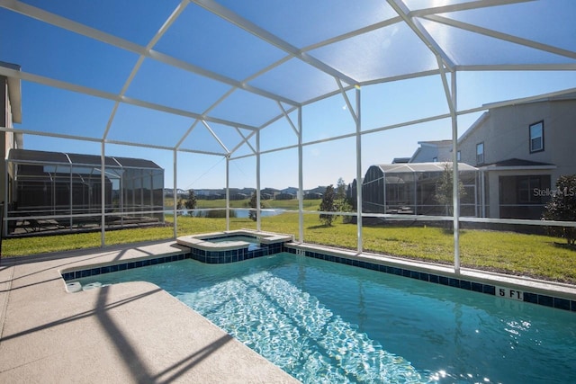 8986 Cabot Cliffs Dr, Davenport, FL 33896 - view of pool with a lawn, a pool with connected hot tub, a lanai, a water view, and a patio