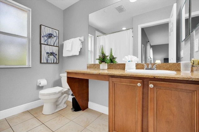3214 Calabria Ave, Davenport, FL 33897 - bathroom with baseboards, toilet, vanity, tile patterned floors, and curtained shower
