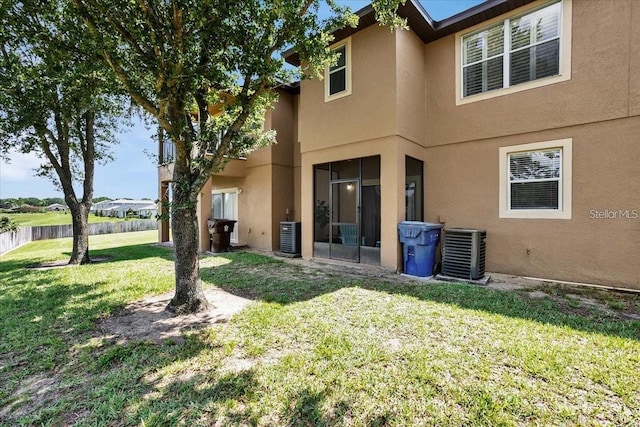 3214 Calabria Ave, Davenport, FL 33897 - back of property featuring central AC, stucco siding, a lawn, and a water view
