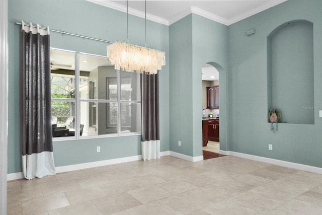 3307 Kentshire Blvd, Ocoee, FL 34761 - unfurnished room with arched walkways, crown molding, a chandelier, baseboards, and light tile patterned flooring