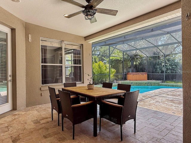 3307 Kentshire Blvd, Ocoee, FL 34761 - view of patio / terrace featuring a hot tub, ceiling fan, glass enclosure, and an outdoor pool