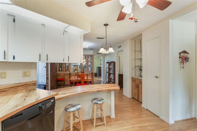 142 Florence Blvd, Debary, FL 32713 - kitchen featuring dishwashing machine, butcher block countertops, light wood-type flooring, white cabinets, and ornamental molding