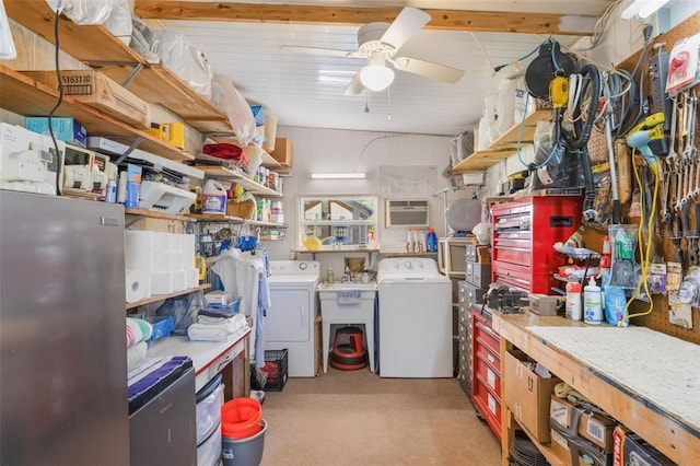 142 Florence Blvd, Debary, FL 32713 - below grade area featuring washing machine and clothes dryer, a ceiling fan, a workshop area, and an AC wall unit