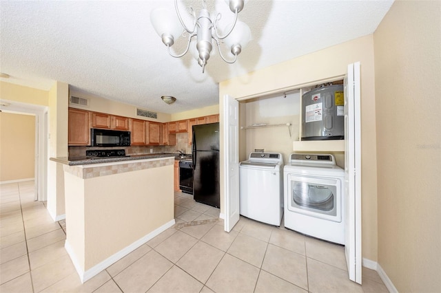 420 Forestway Cir Unit 206, Altamonte Springs, FL 32701 - kitchen featuring black appliances, a chandelier, separate washer and dryer, light tile patterned floors, and water heater