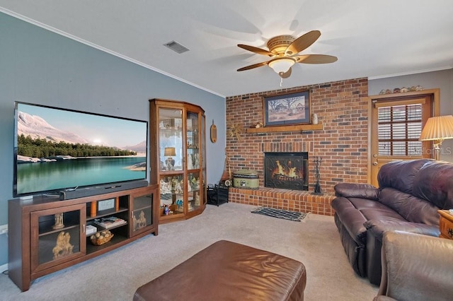 3405 Werber St, Orlando, FL 32806 - carpeted living room with ceiling fan, a fireplace, and ornamental molding