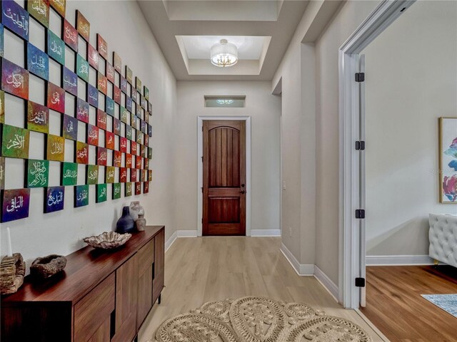 8047 Chilton Dr, Orlando, FL 32836 - entrance foyer with light wood finished floors, baseboards, and a raised ceiling