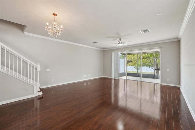 10124 Westpark Preserve Blvd, Tampa, FL 33625 - unfurnished living room with a ceiling fan, hardwood / wood-style floors, baseboards, ornamental molding, and a chandelier