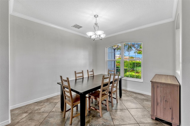 2681 Cabernet Cir, Ocoee, FL 34761 - dining space featuring crown molding, a chandelier, a textured ceiling, baseboards, and light tile patterned floors