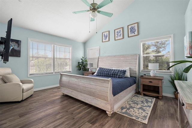 135 Florida Blvd, Crystal Beach, FL 34681 - bedroom featuring baseboards, dark wood finished floors, high vaulted ceiling, and a ceiling fan