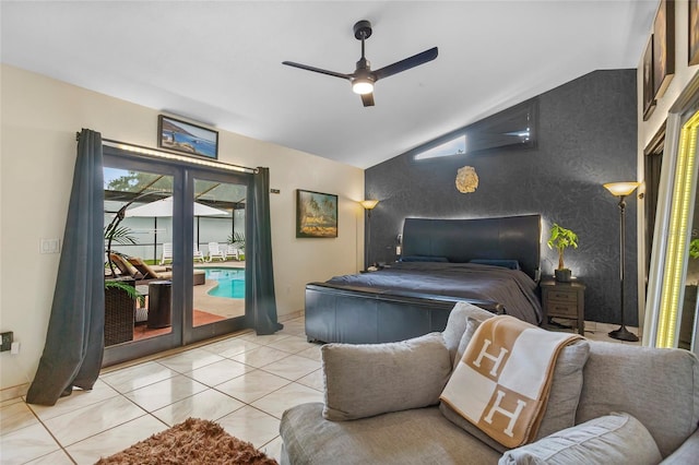 9774 Bohart Ct, Orlando, FL 32836 - bedroom featuring lofted ceiling, access to outside, light tile patterned flooring, french doors, and a ceiling fan