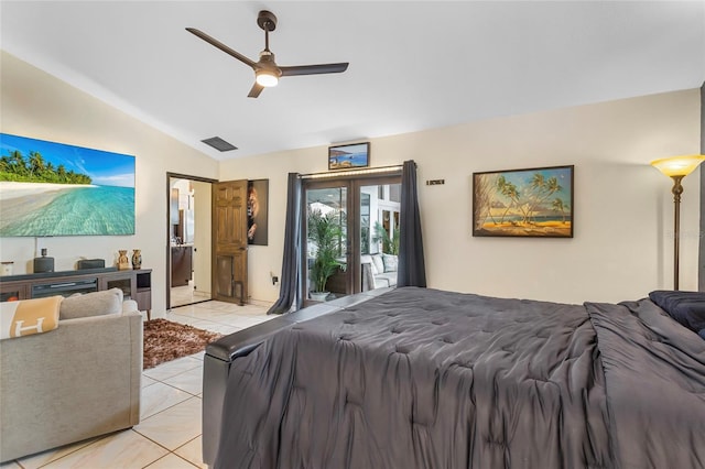 9774 Bohart Ct, Orlando, FL 32836 - bedroom featuring vaulted ceiling, access to exterior, light tile patterned flooring, and ceiling fan