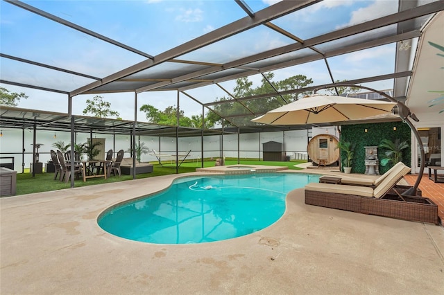 9774 Bohart Ct, Orlando, FL 32836 - view of pool with a patio area, a storage shed, a pool with connected hot tub, and a lawn