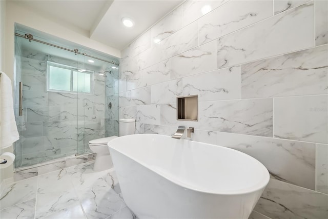 8473 Granada Blvd, Orlando, FL 32836 - full bathroom with tile walls, a marble finish shower, a freestanding bath, toilet, and marble finish floors