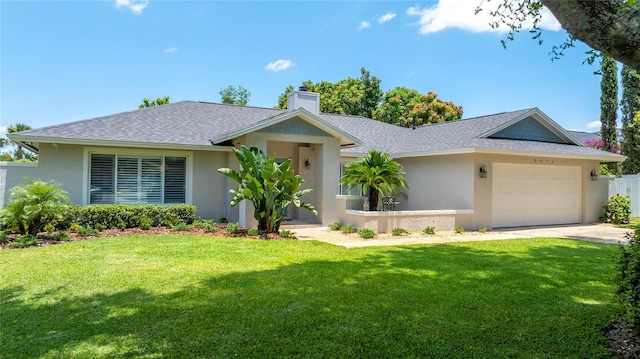 8473 Granada Blvd, Orlando, FL 32836 - ranch-style home with stucco siding, a chimney, an attached garage, a front yard, and driveway