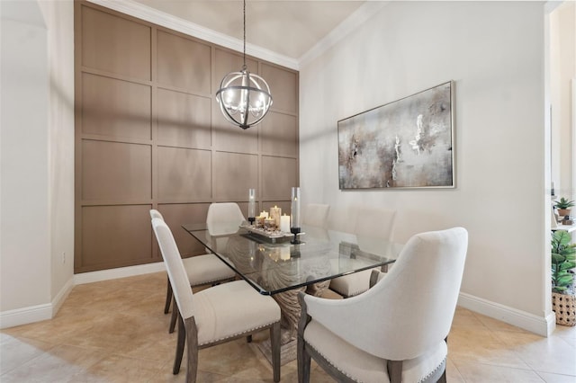 9426 Burnam Dr, Weeki Wachee, FL 34613 - dining space with a chandelier, ornamental molding, baseboards, and light tile patterned flooring