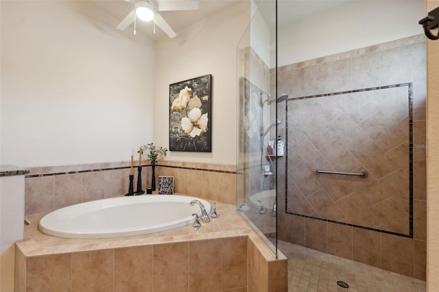 9426 Burnam Dr, Weeki Wachee, FL 34613 - full bathroom featuring a bath, a tile shower, and ceiling fan