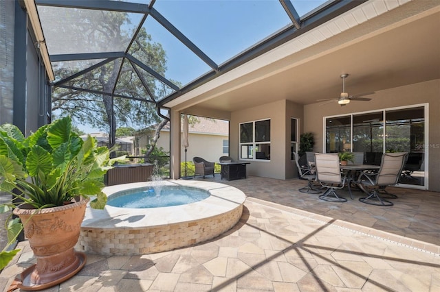 9426 Burnam Dr, Weeki Wachee, FL 34613 - view of pool featuring an in-ground hot tub, a patio area, outdoor dining area, ceiling fan, and a lanai