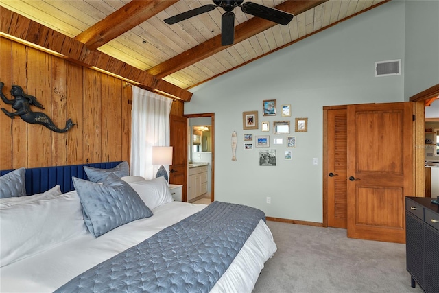 4365 S Atlantic Ave Unit B8, New Smyrna Beach, FL 32169 - bedroom with wooden ceiling, light colored carpet, baseboards, a ceiling fan, and connected bathroom