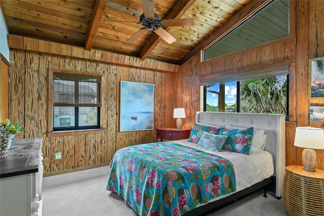 4365 S Atlantic Ave Unit B8, New Smyrna Beach, FL 32169 - bedroom with wooden walls, wood ceiling, carpet floors, baseboards, and a ceiling fan