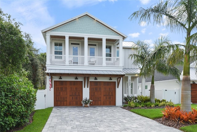 507 S Pine St, New Smyrna Beach, FL 32169 - view of front of house with a garage, a standing seam roof, decorative driveway, stucco siding, and metal roof