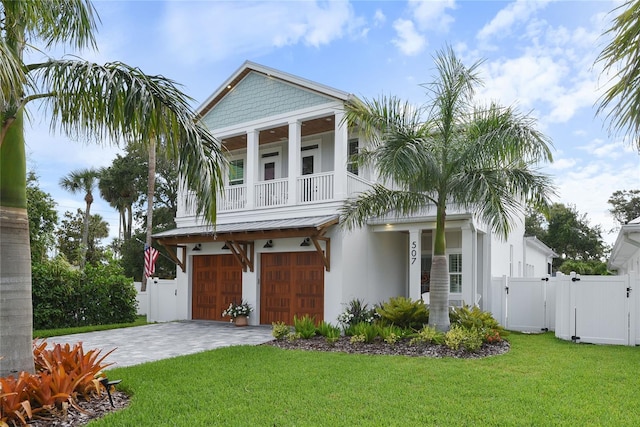 507 S Pine St, New Smyrna Beach, FL 32169 - view of front of house featuring a gate, a balcony, stucco siding, a garage, and driveway