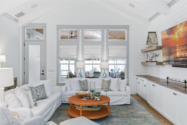 507 S Pine St, New Smyrna Beach, FL 32169 - living room featuring dark wood finished floors, plenty of natural light, and wooden walls