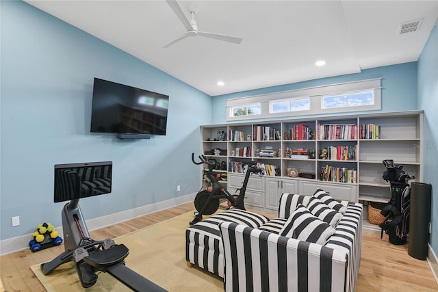 507 S Pine St, New Smyrna Beach, FL 32169 - workout area with light wood finished floors, baseboards, ceiling fan, and recessed lighting