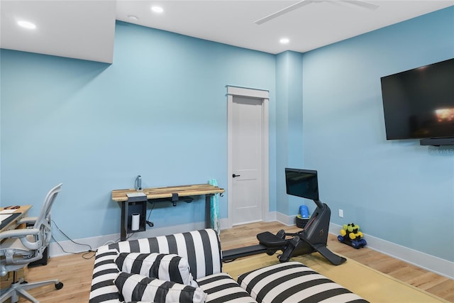 507 S Pine St, New Smyrna Beach, FL 32169 - home office featuring wood finished floors, baseboards, ceiling fan, and recessed lighting